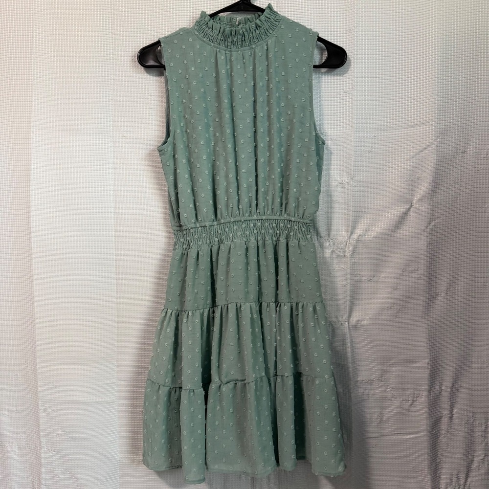 Sweet Wanderer Dress Green Swiss Dot Tiered Sleeveless Mock Neck Boho L